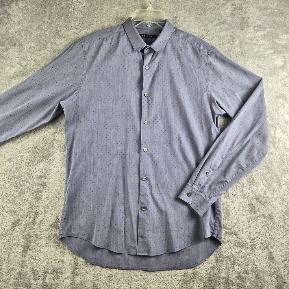 Theory Shirt Mens Small Gray Blue Micro Dots Stretch Professional Office Career